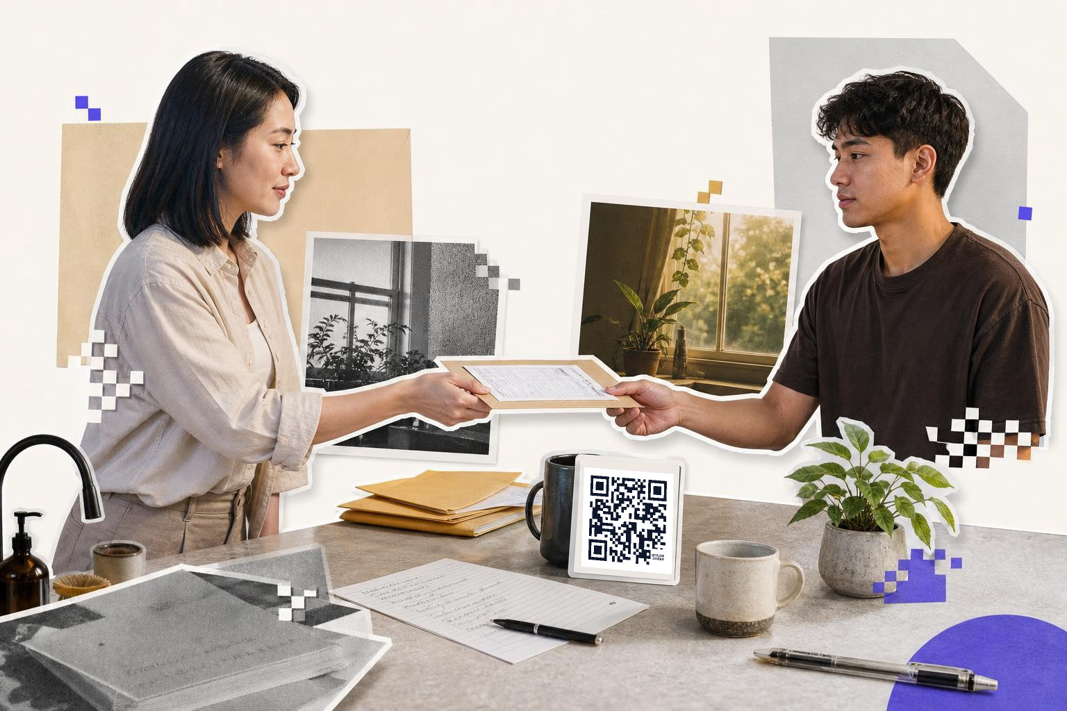 Two people exchanging documents over a table with a QR code card and plants.