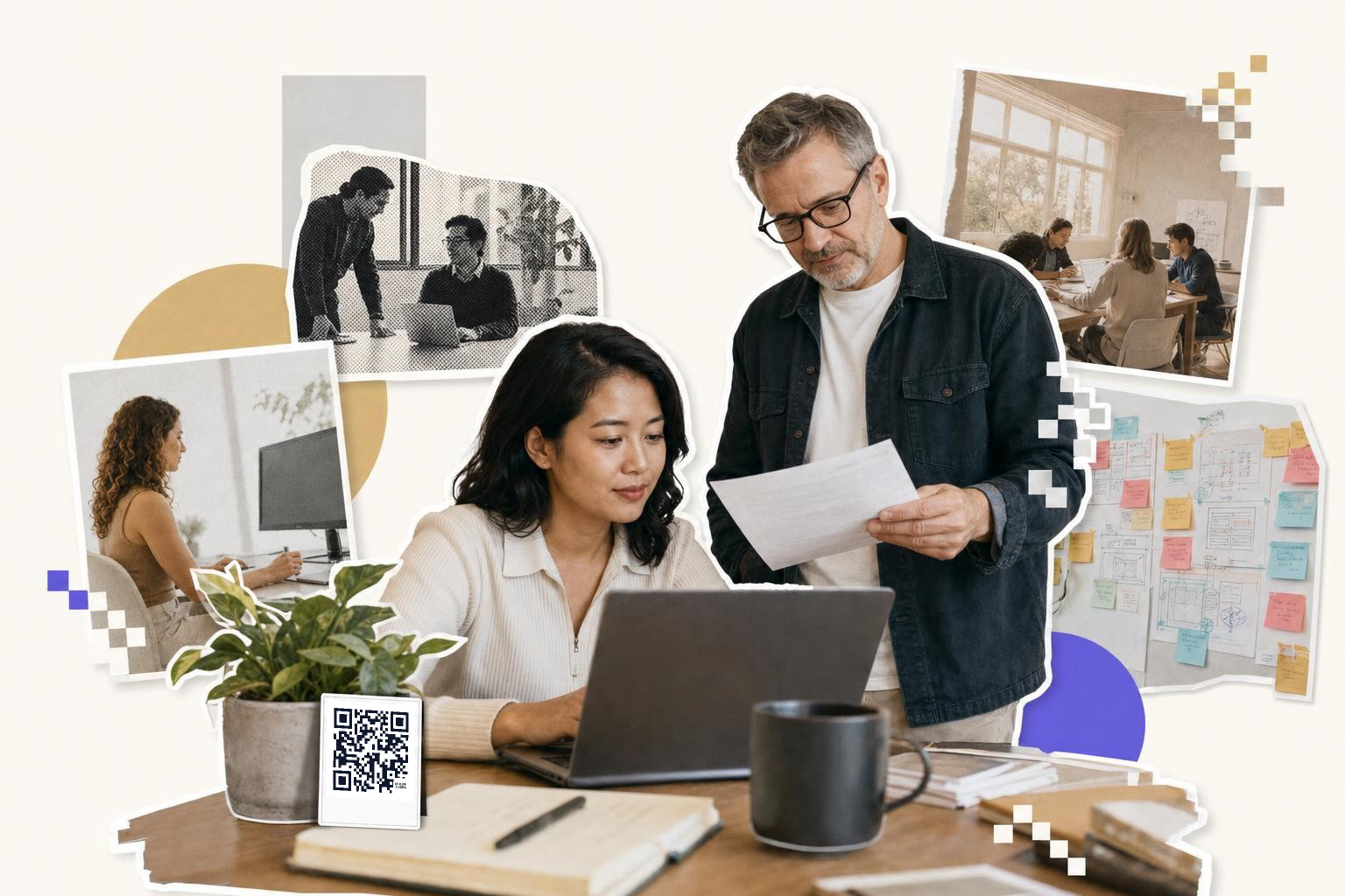 Two people reviewing a document at a desk with a QR code card nearby, discussing how to make a Google Form.