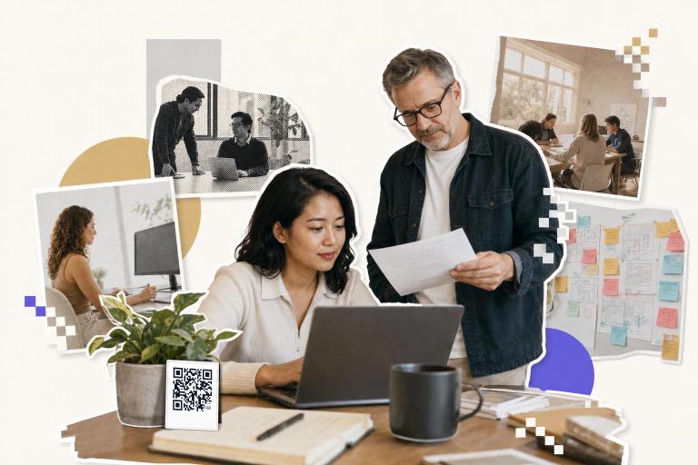 Two people reviewing a document at a desk with a QR code card nearby, discussing how to make a Google Form.