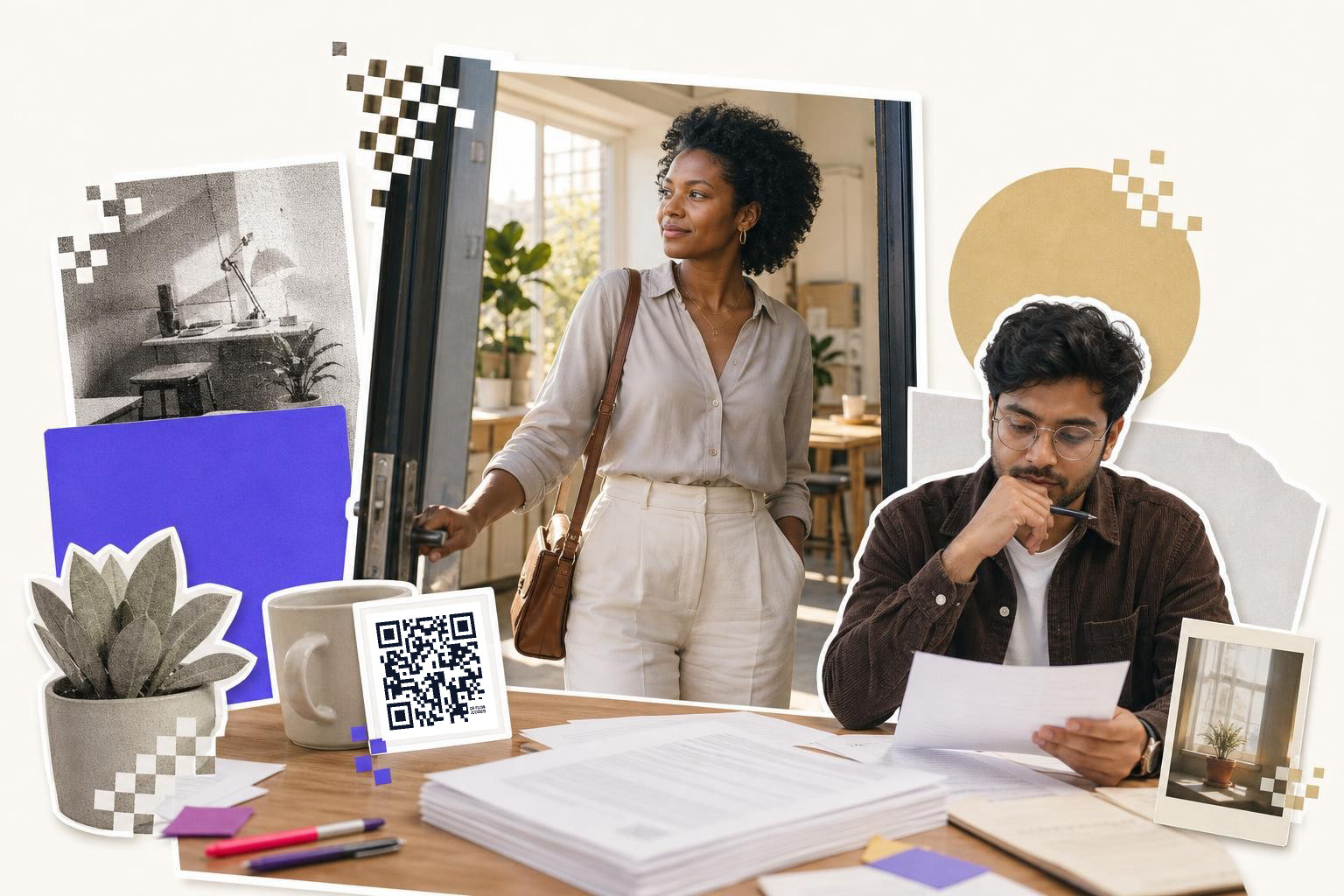 Woman entering a room while a man reads a document at a table with a QR code card.