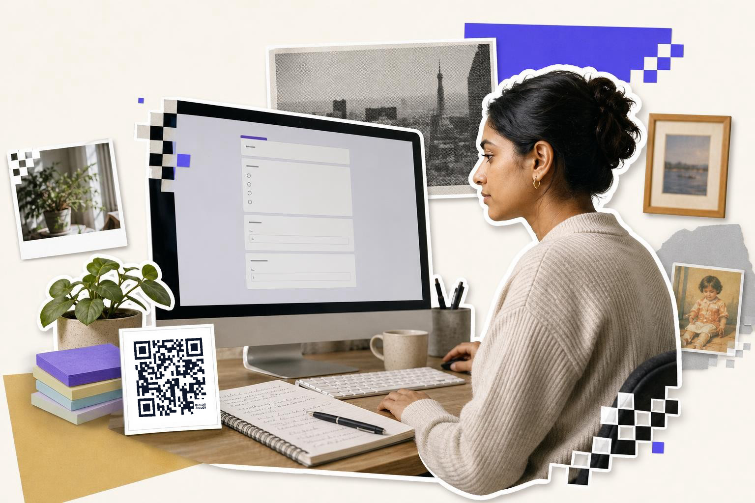 Woman working at a computer with a QR code card on the desk in a home office.