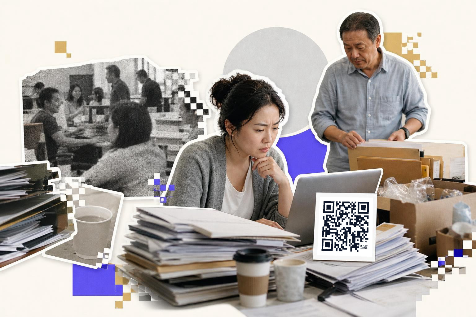Woman working on a laptop with a QR code, man organizing files, office setting with documents.
