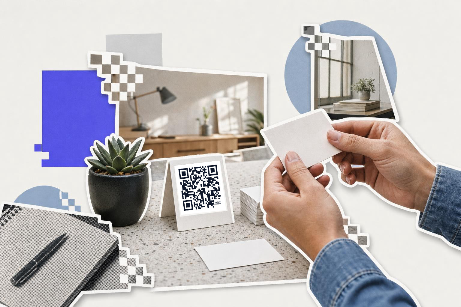 Hands holding a blank card near a table with business cards featuring a QR code and a small plant.