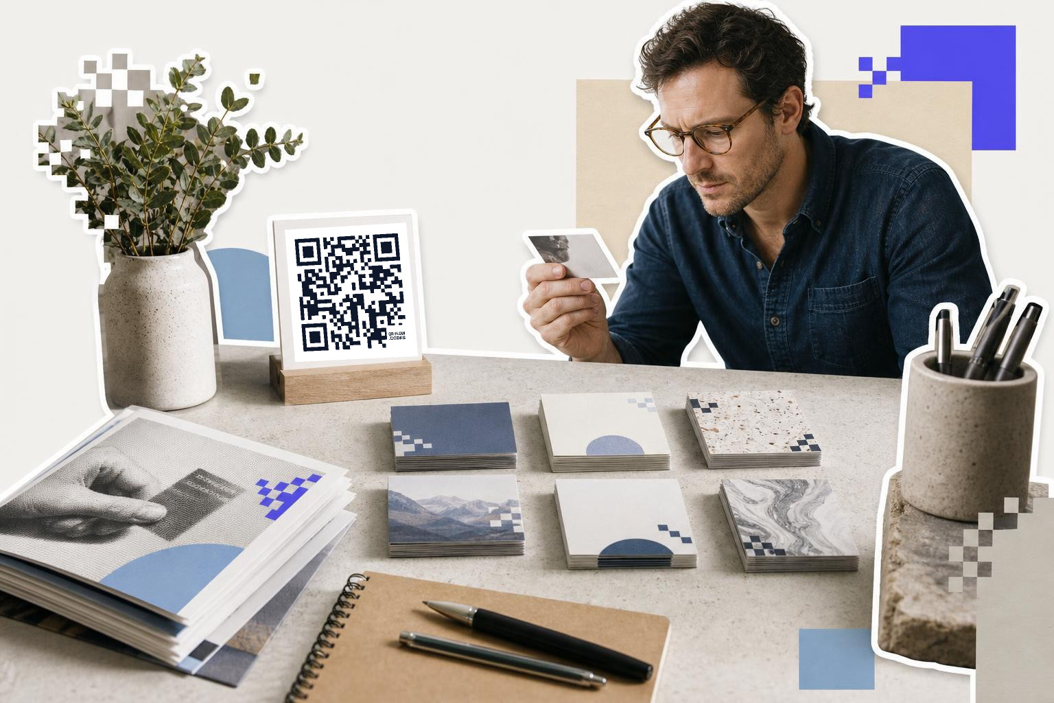 Man with glasses examines a card at a desk with a QR code display and various papers.
