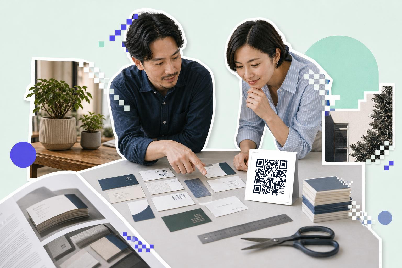 Two people examining design samples on a table with a QR code card and various stationery items.