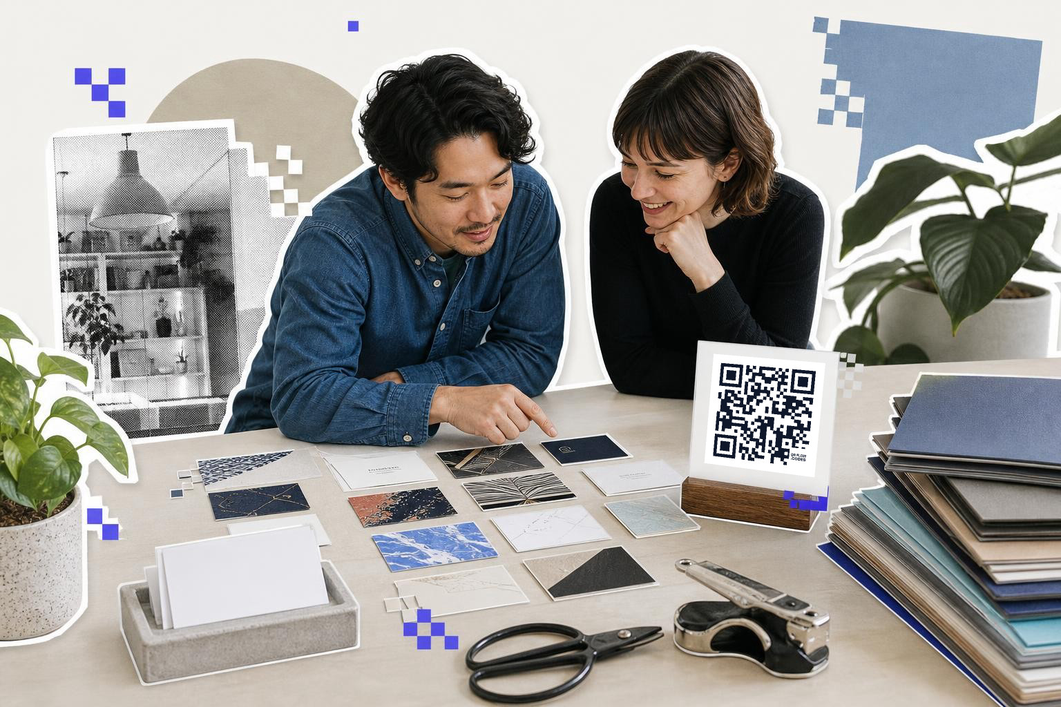 Two people examining material samples on a table with a QR code card displayed upright.