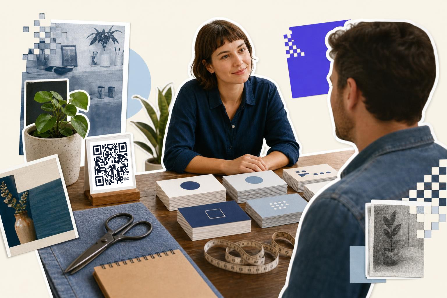 A woman sits at a table with business cards and a QR code display, engaging in conversation with a man.