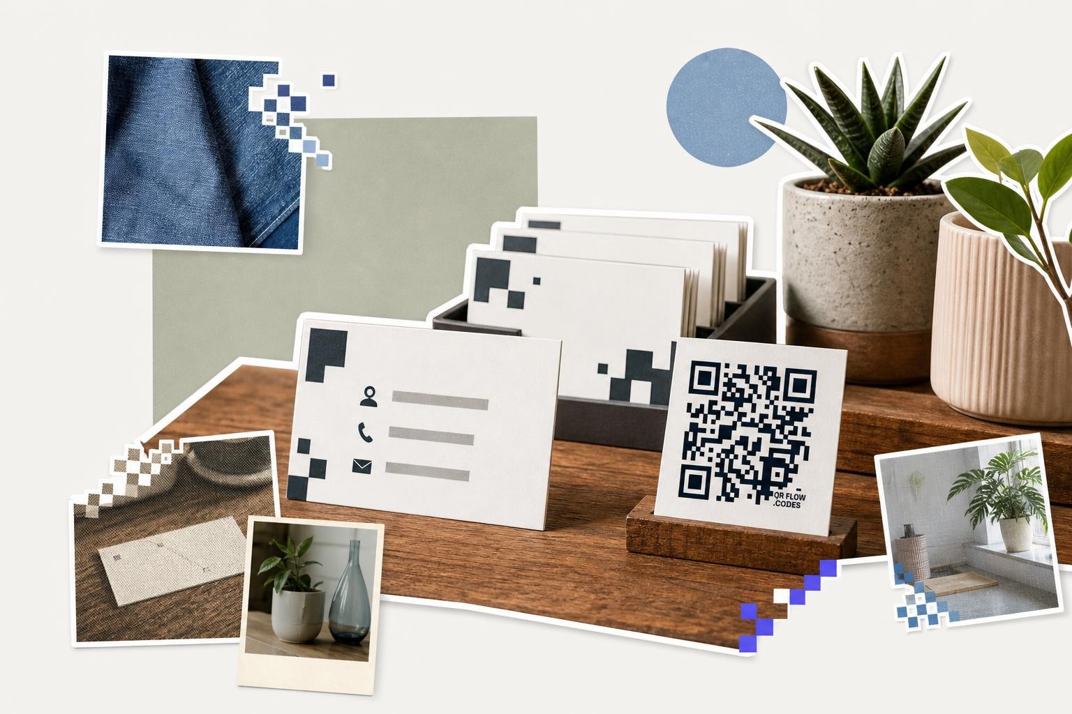QR code card on wooden stand with plants and fabric swatches around it on a table.
