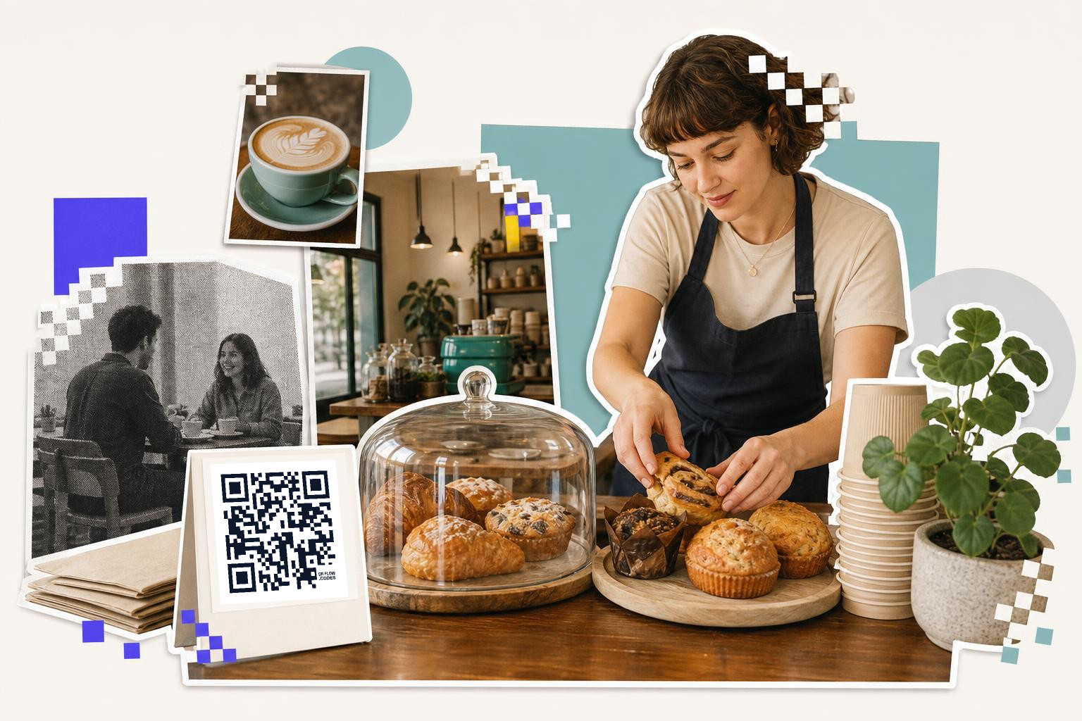 Barista arranging pastries on a counter with a QR code card and coffee shop decor.