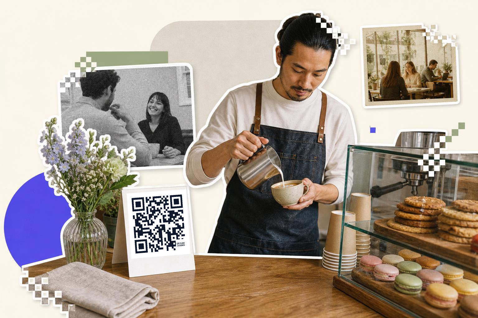 Barista pouring milk into coffee cup beside QR code card on cafe counter with cookies and macarons.