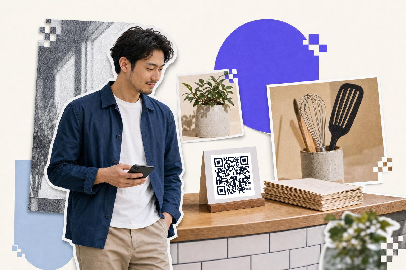 Man holding phone near counter with QR code card, plant, and kitchen utensils, pondering what is a QR code.