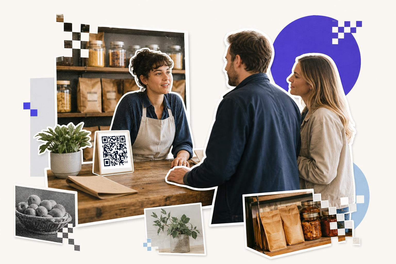 Two people at a counter talking to a shopkeeper with a QR code on the counter.