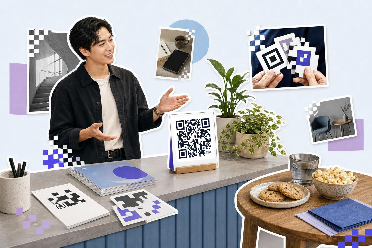 Person gesturing near a counter with QR code card, plants, and snacks in a modern setting.
