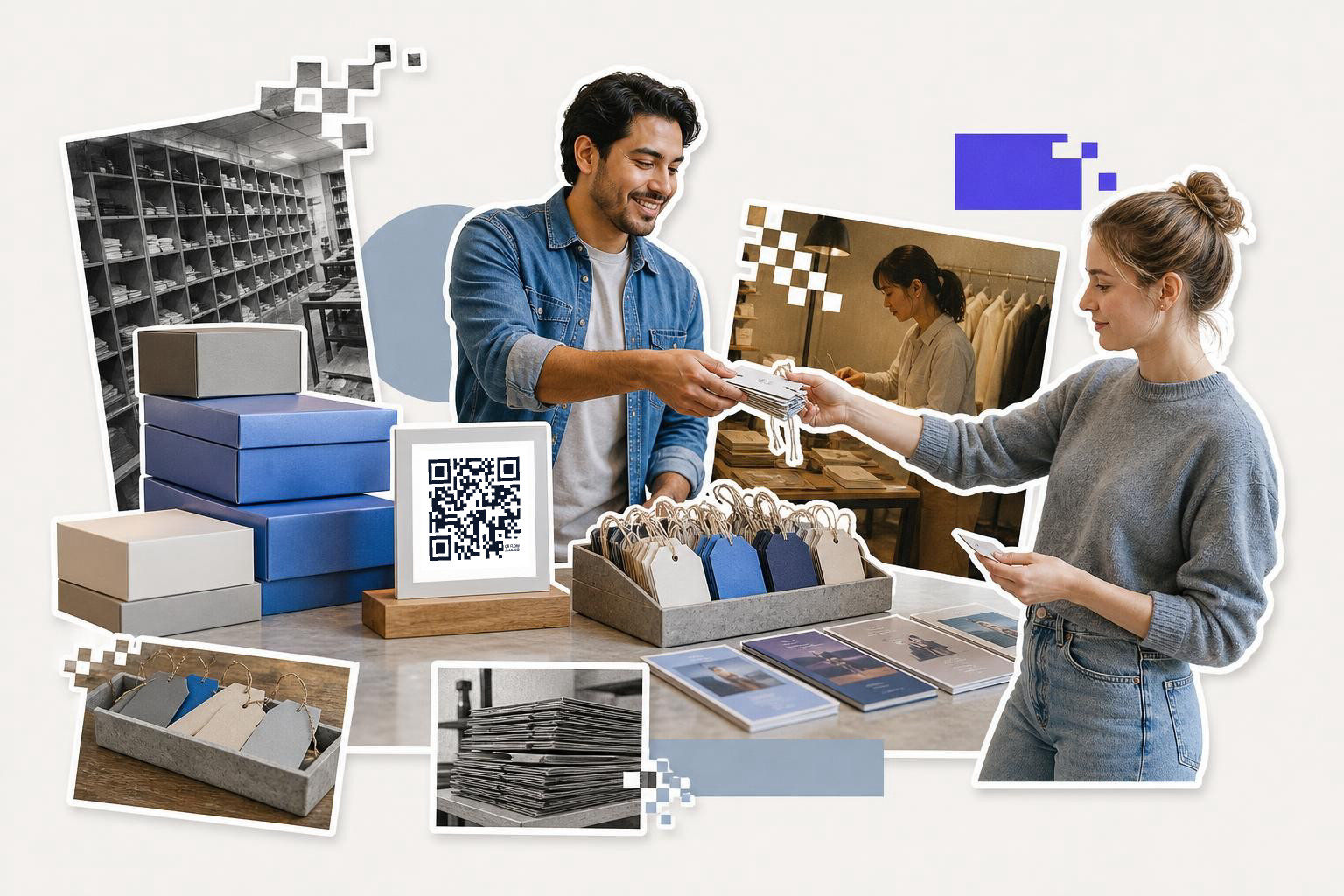 Man and woman exchanging items over a counter with a QR code on display.