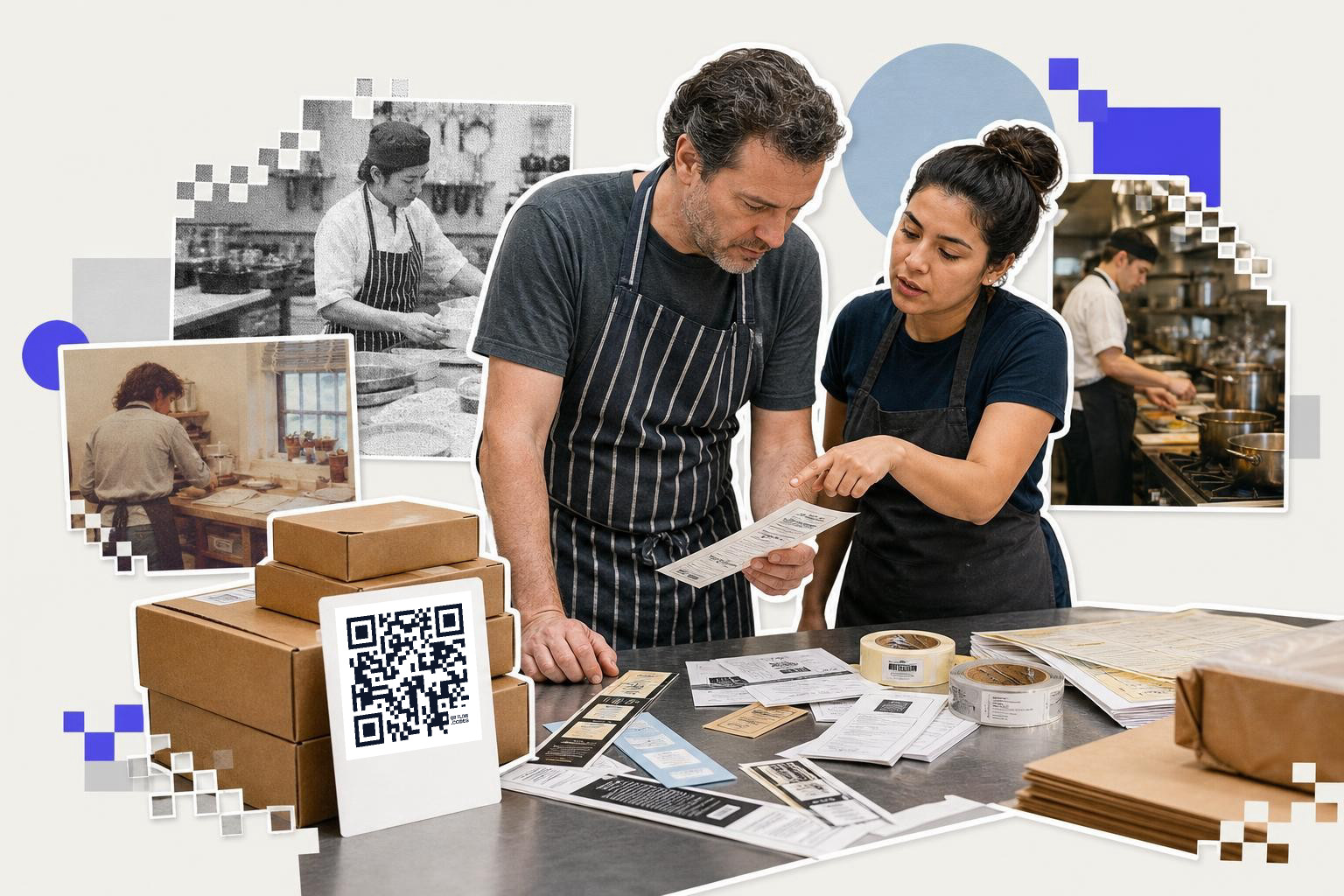 Two people in aprons examine papers on a table with a QR code on stacked boxes nearby.