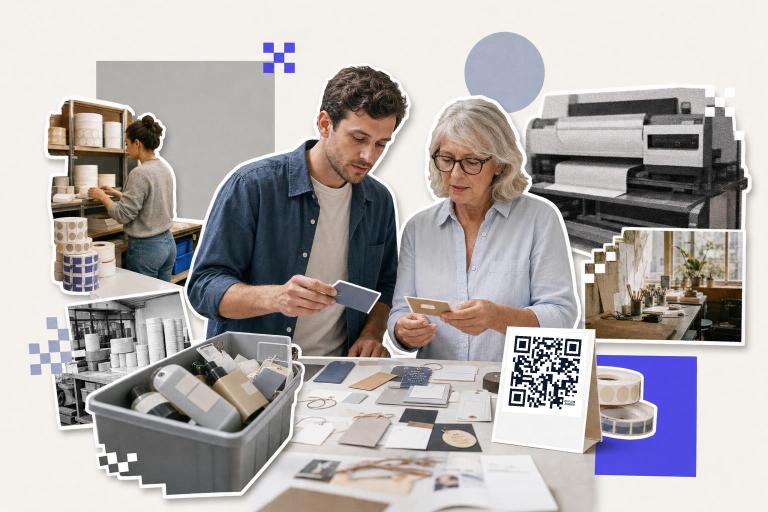 Two people examine cards at a table with a QR code card, discussing data matrix vs QR code.