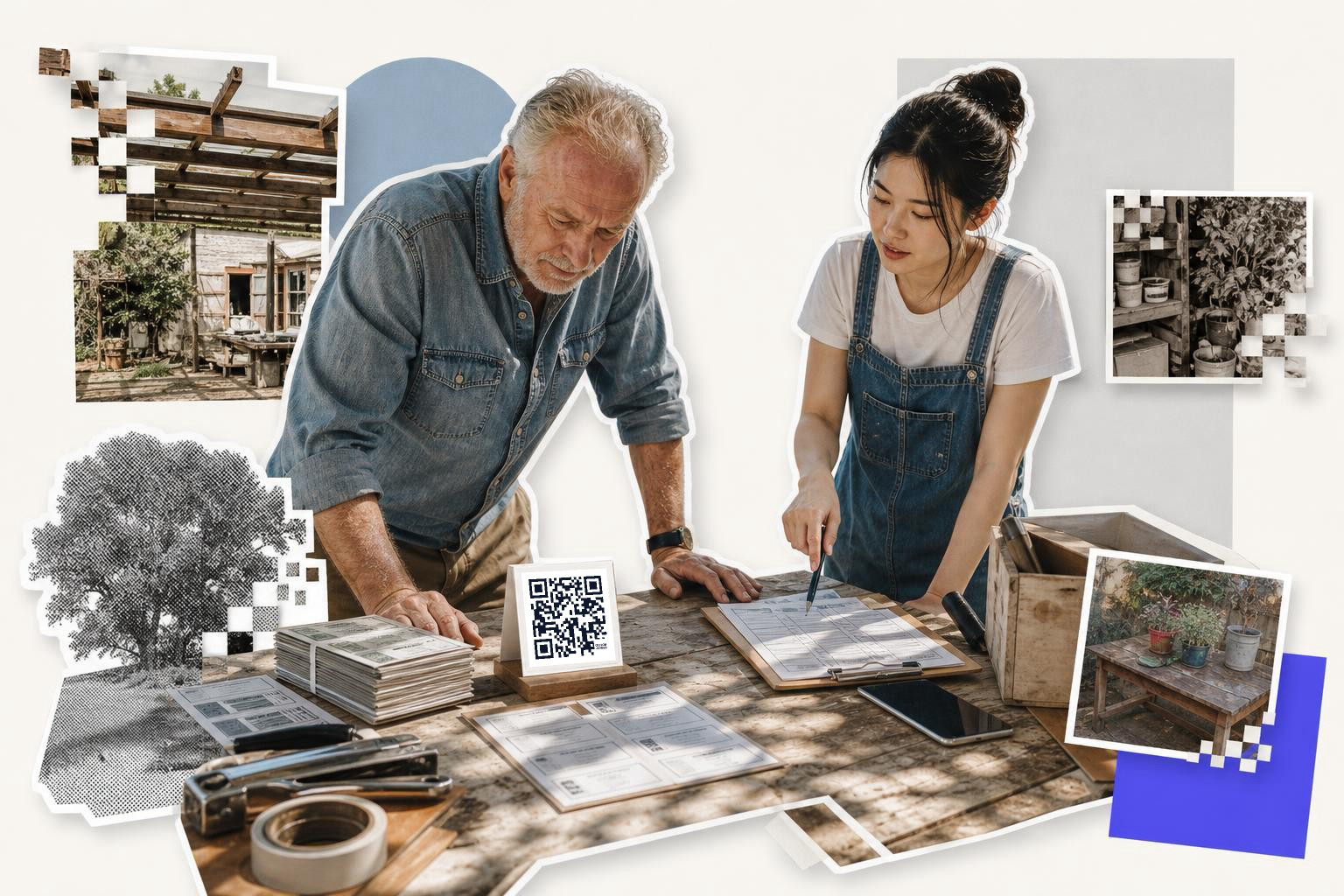 Two people examining documents on a table with a QR code card and various photo cut-outs around them.