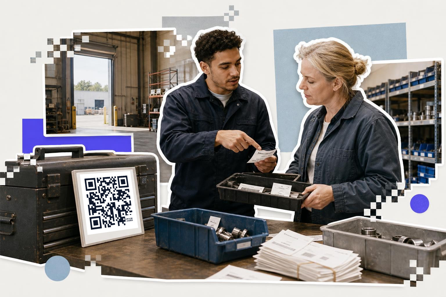 Two people in a warehouse discussing documents with a QR code on a toolbox nearby.