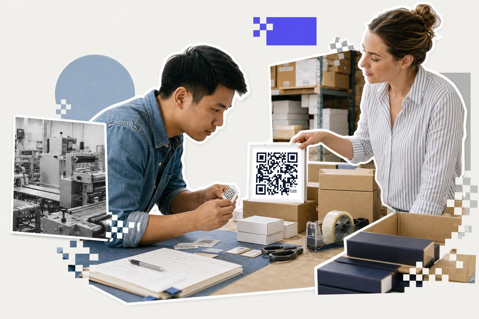 Two people in a warehouse examining a QR code on a card among boxes and packing materials.