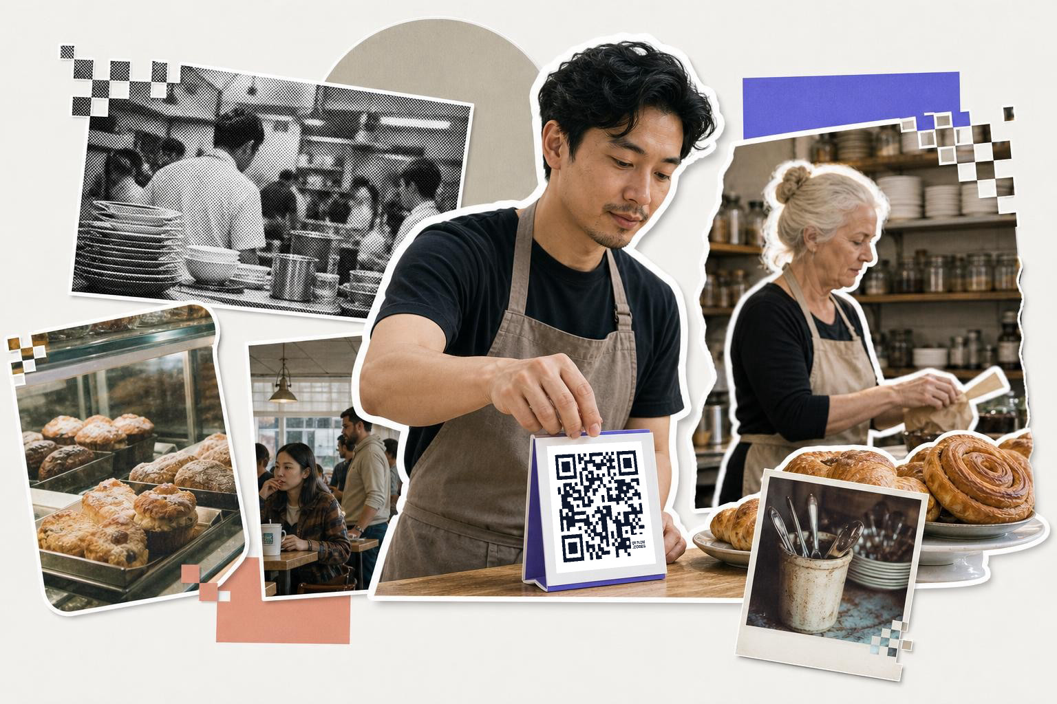 Man in apron holding QR code card in bakery with pastries and people in background.