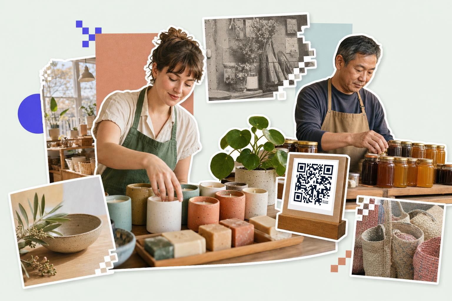Two people in aprons arranging candles and jars with a QR code sign for social media marketing.
