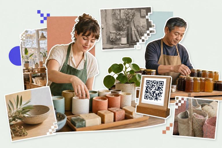 Two people in aprons arranging candles and jars with a QR code sign for social media marketing.