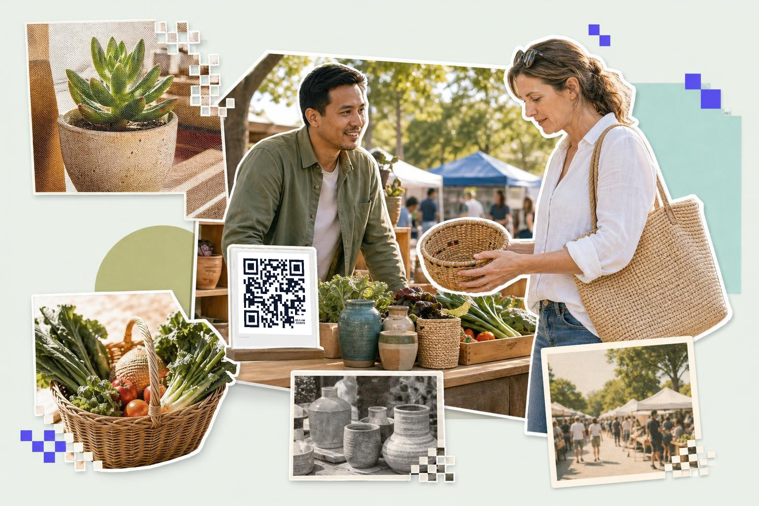 A Southeast Asian man engages with customers at a sunny outdoor pop-up market, with a QR code card propped against colorful handmade crafts.
