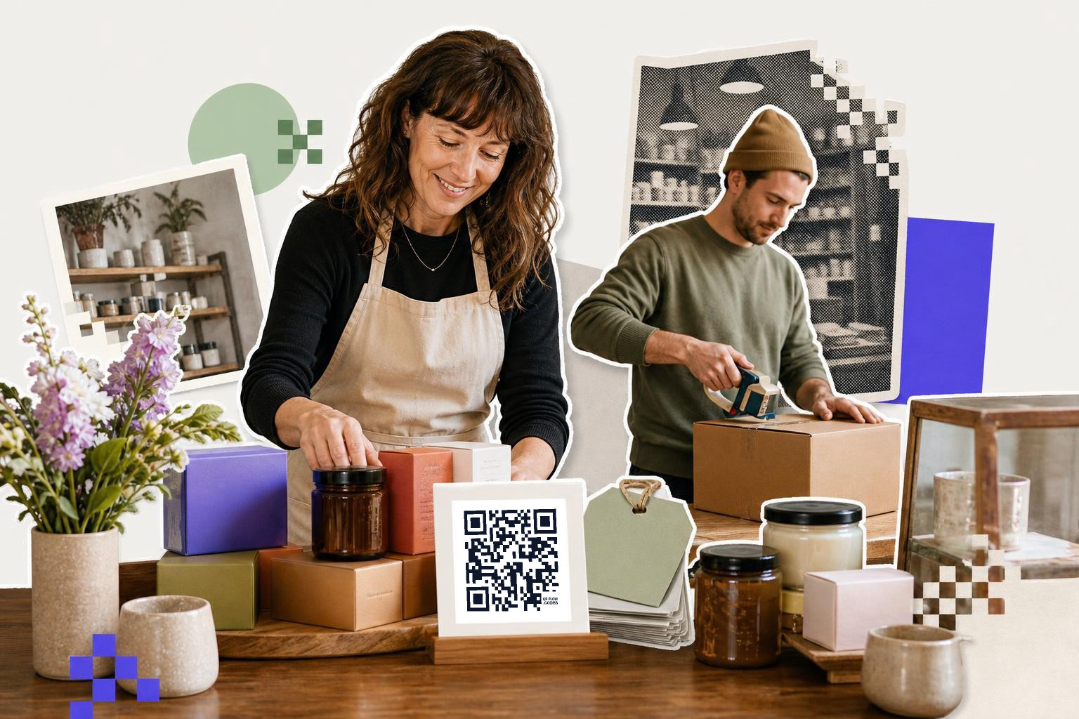 A white woman in her 40s arranges colorful products on a polished wooden counter, while a man in his 30s prepares a shipment. A printed QR code thank-you card is propped against product tags, and fresh flowers add warmth to the bustling shop atmosphere.