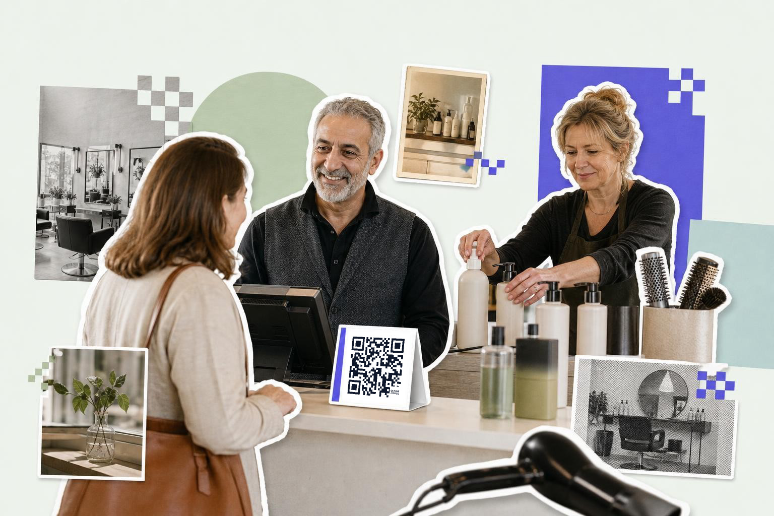 Inside a bustling salon, a Middle Eastern man in his 60s assists clients at a reception desk, while a white woman in her 50s organizes beauty products. A QR code printed on a tent card sits prominently beside shampoo bottles, illuminated by bright, welcoming lighting.