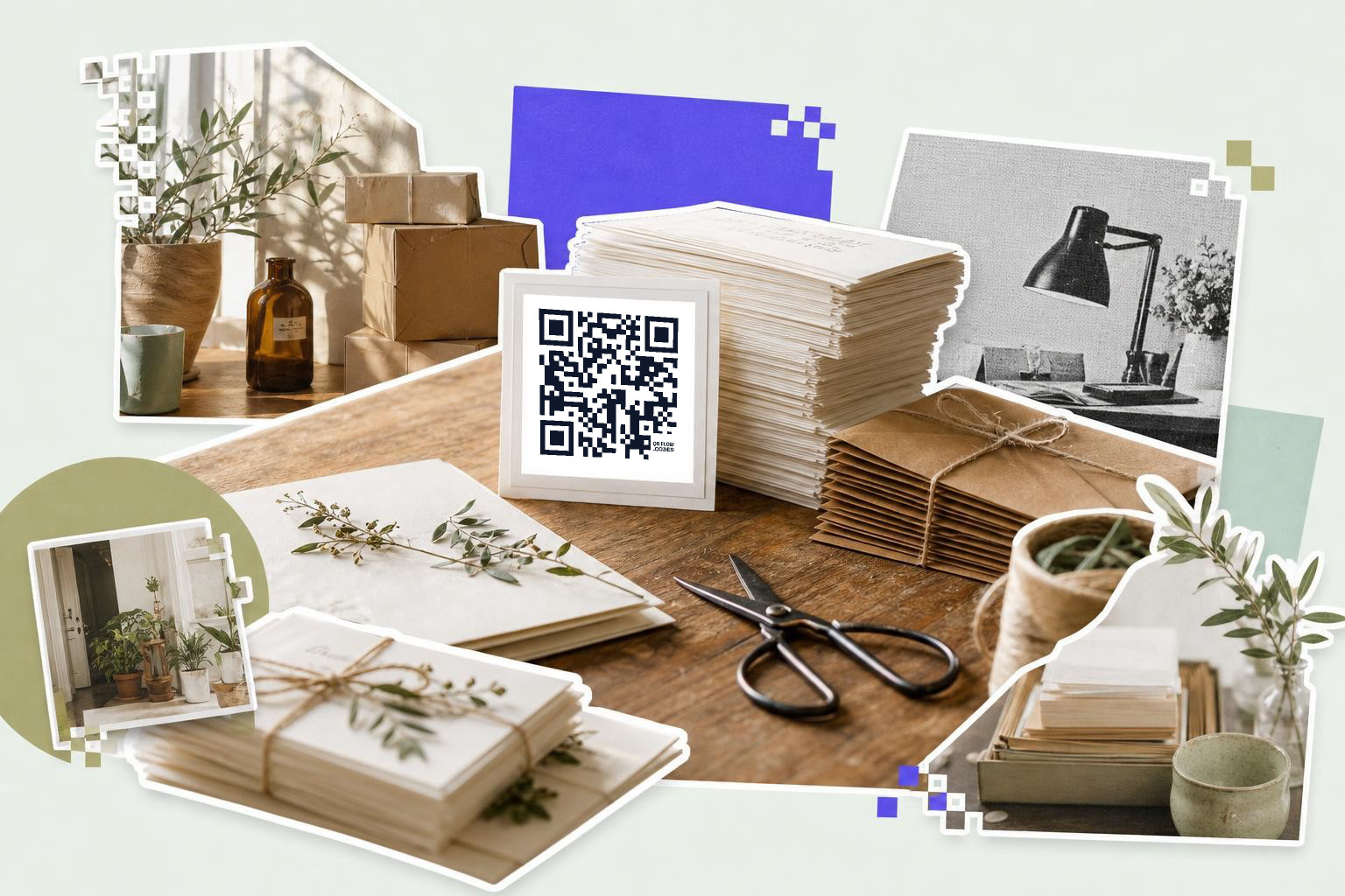 In a cozy small business workspace, a wooden table displays thank-you cards, scissors, and a QR code card, illuminated by warm overhead light.