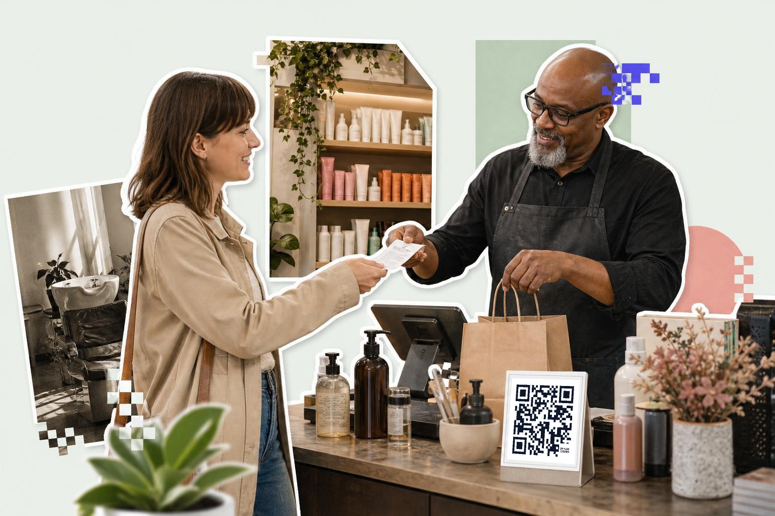 A woman hands a receipt to a smiling cashier in a store with a QR code on the counter.