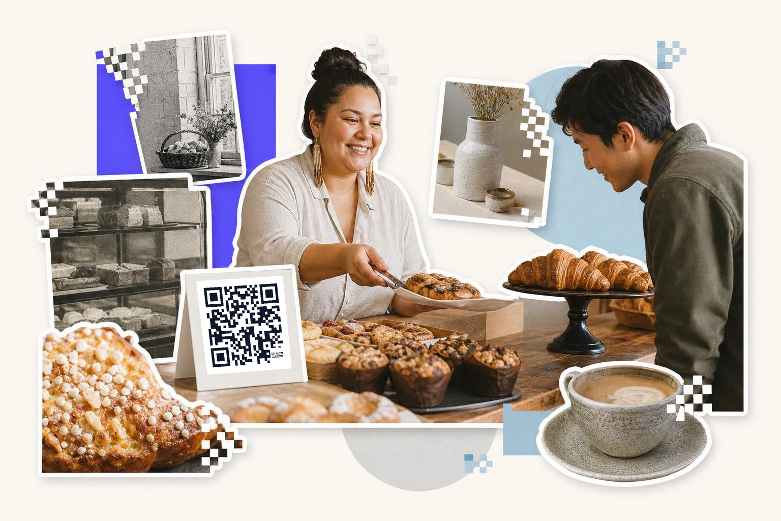 A woman hands a pastry to a man at a bakery, with a printed card displaying a QR code on the counter.