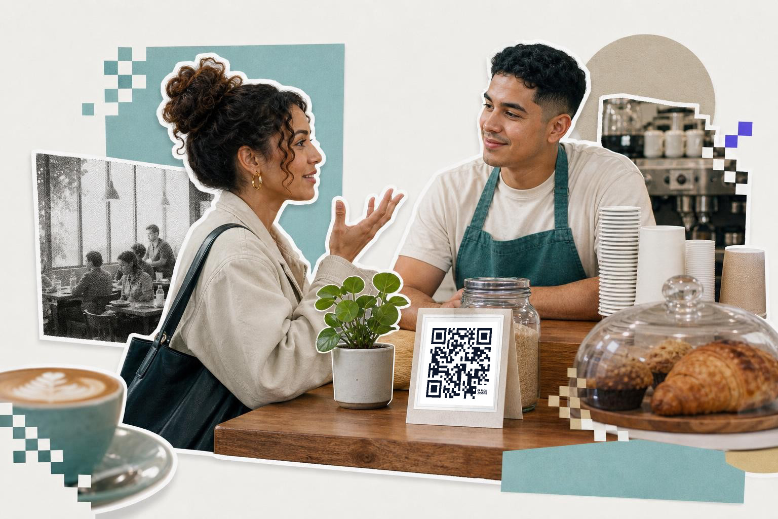 Two people converse at a cafe counter with a QR code card displayed between them.