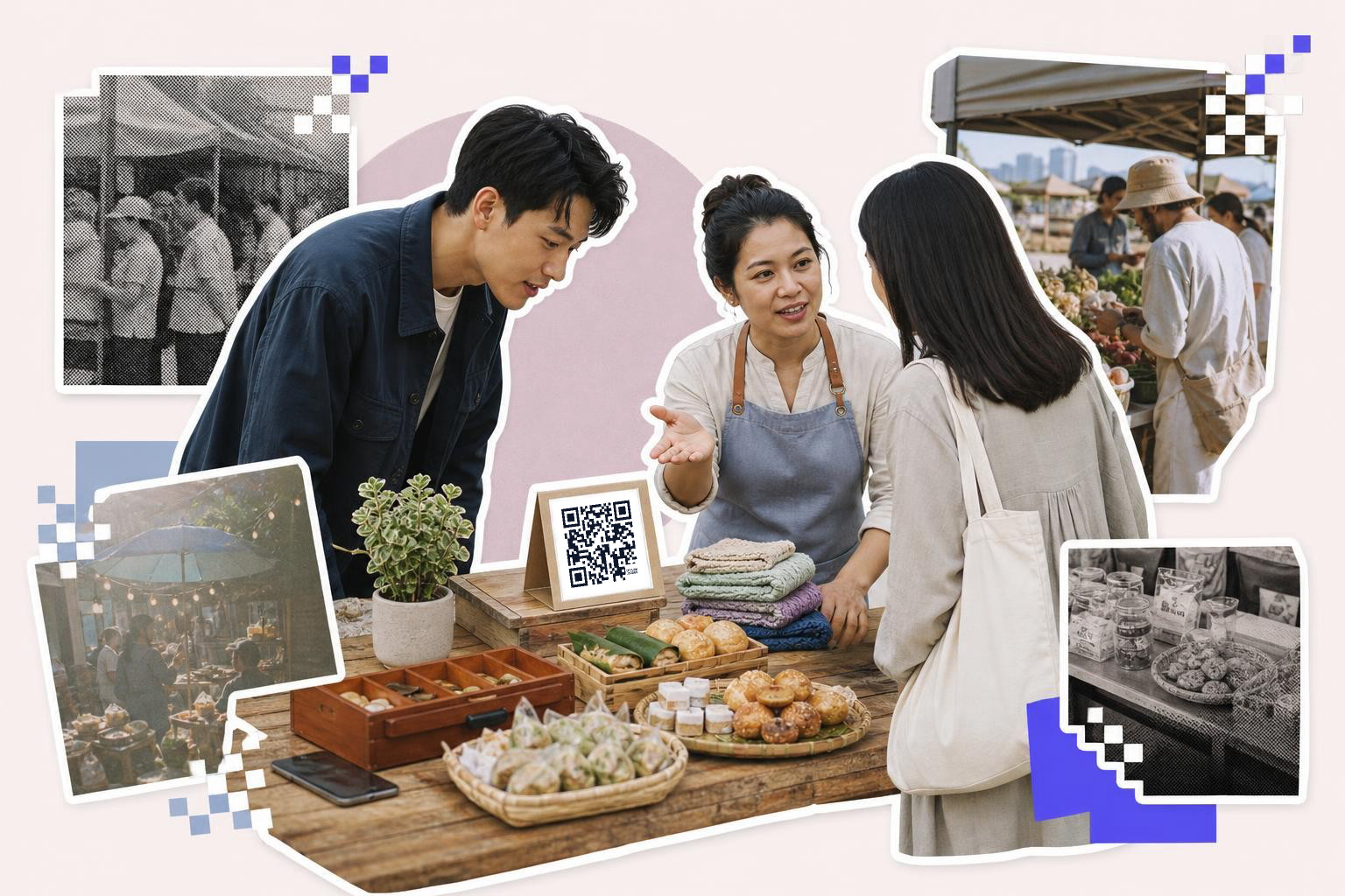 A market scene with a vendor explaining products to two customers, a QR code displayed on the table among various goods.