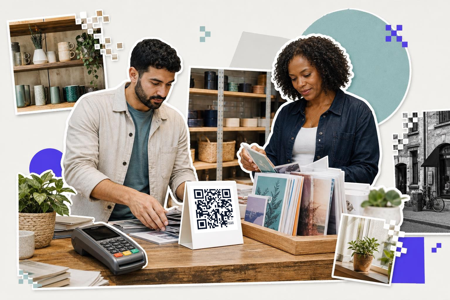 Two people at a wooden counter with a QR code card and various items around them.