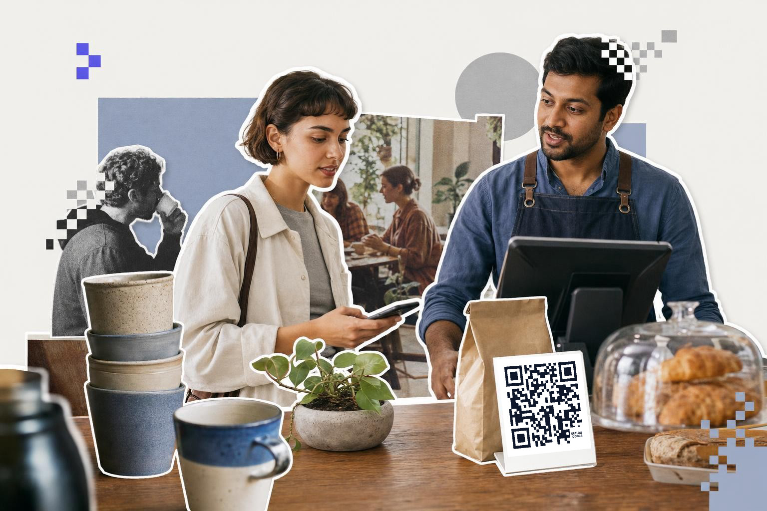 woman using phone for google pay qr code payment at cafe counter with barista