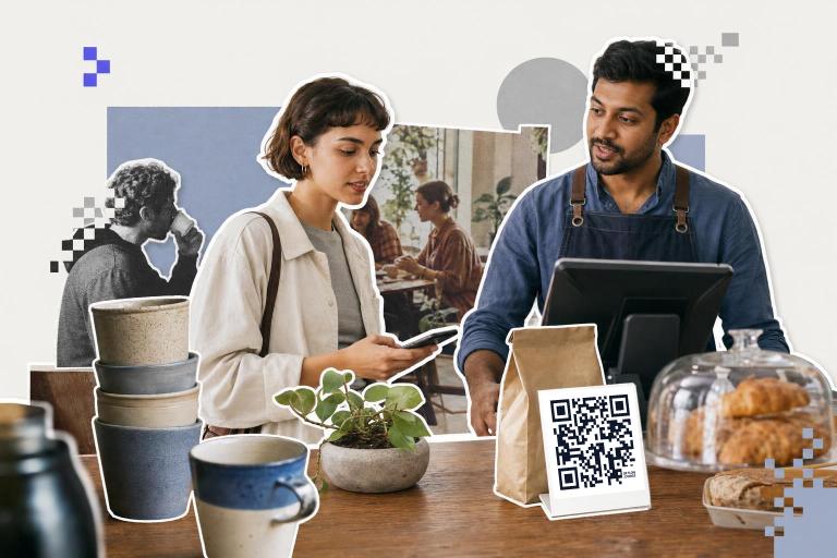 woman using phone for google pay qr code payment at cafe counter with barista
