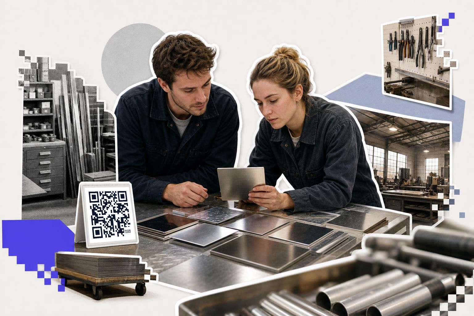 Two people examine metal sheets on a table with a QR code card nearby in a workshop.