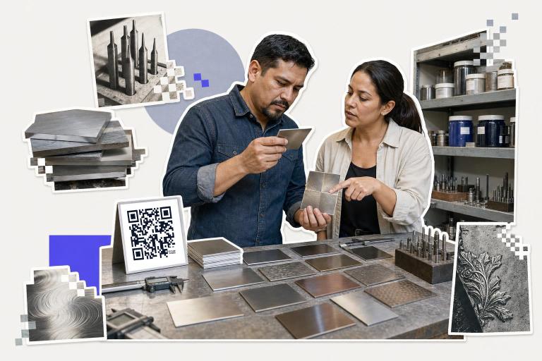 Two people examine metal samples on a table with QR codes on metal surfaces nearby.