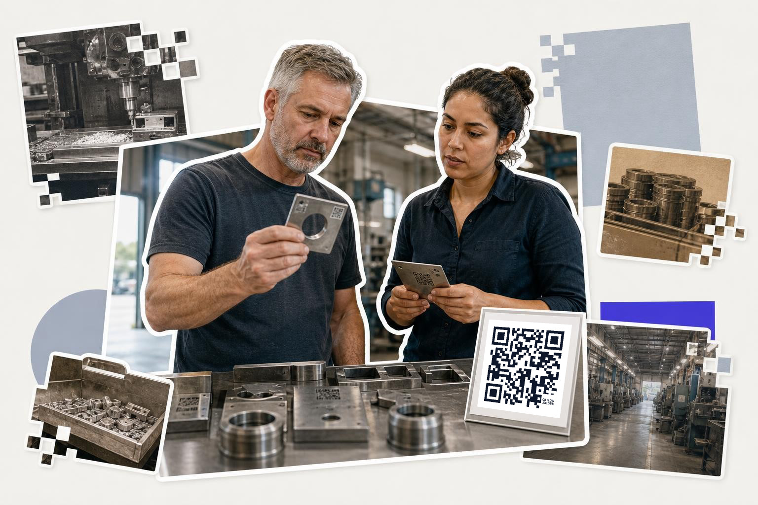Two people in a factory examining metal parts with a QR code card on a table.