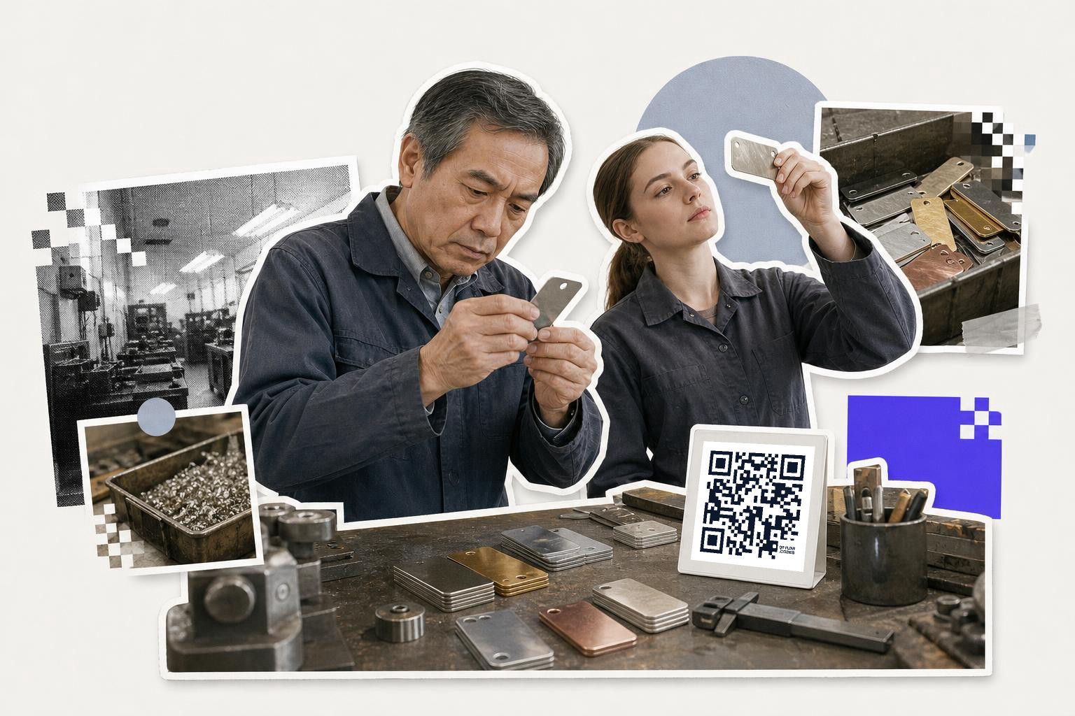 Two people in work clothes inspect metal plates at a workshop table with a QR code card.