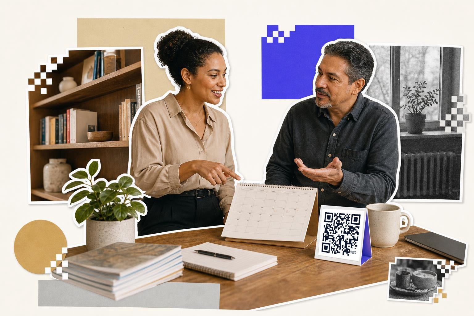 Two people discussing at a table with a calendar and QR code card, surrounded by books and plants.