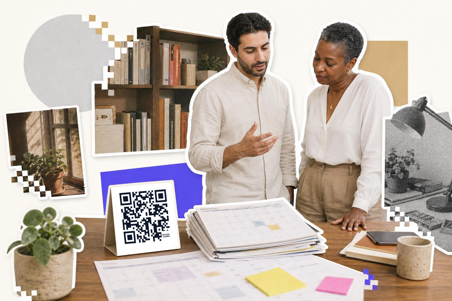 Two people discussing over a table with a QR code card and various cut-out images around them.
