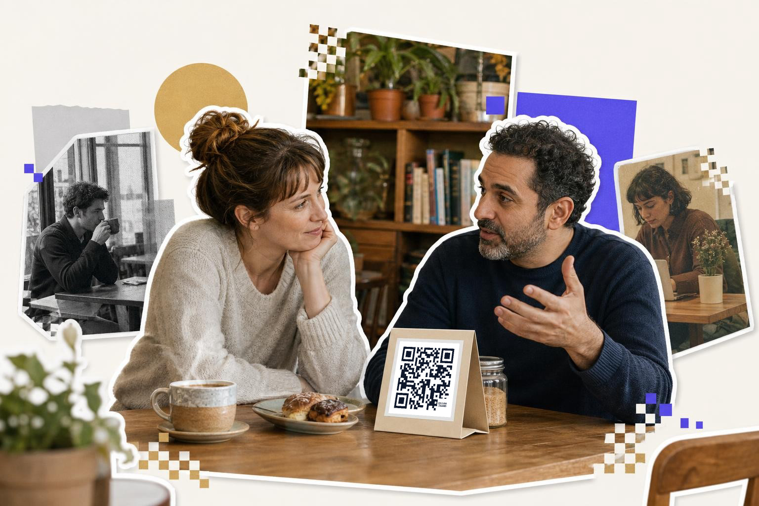 Two people at a table with coffee and pastries, discussing near a QR code card.