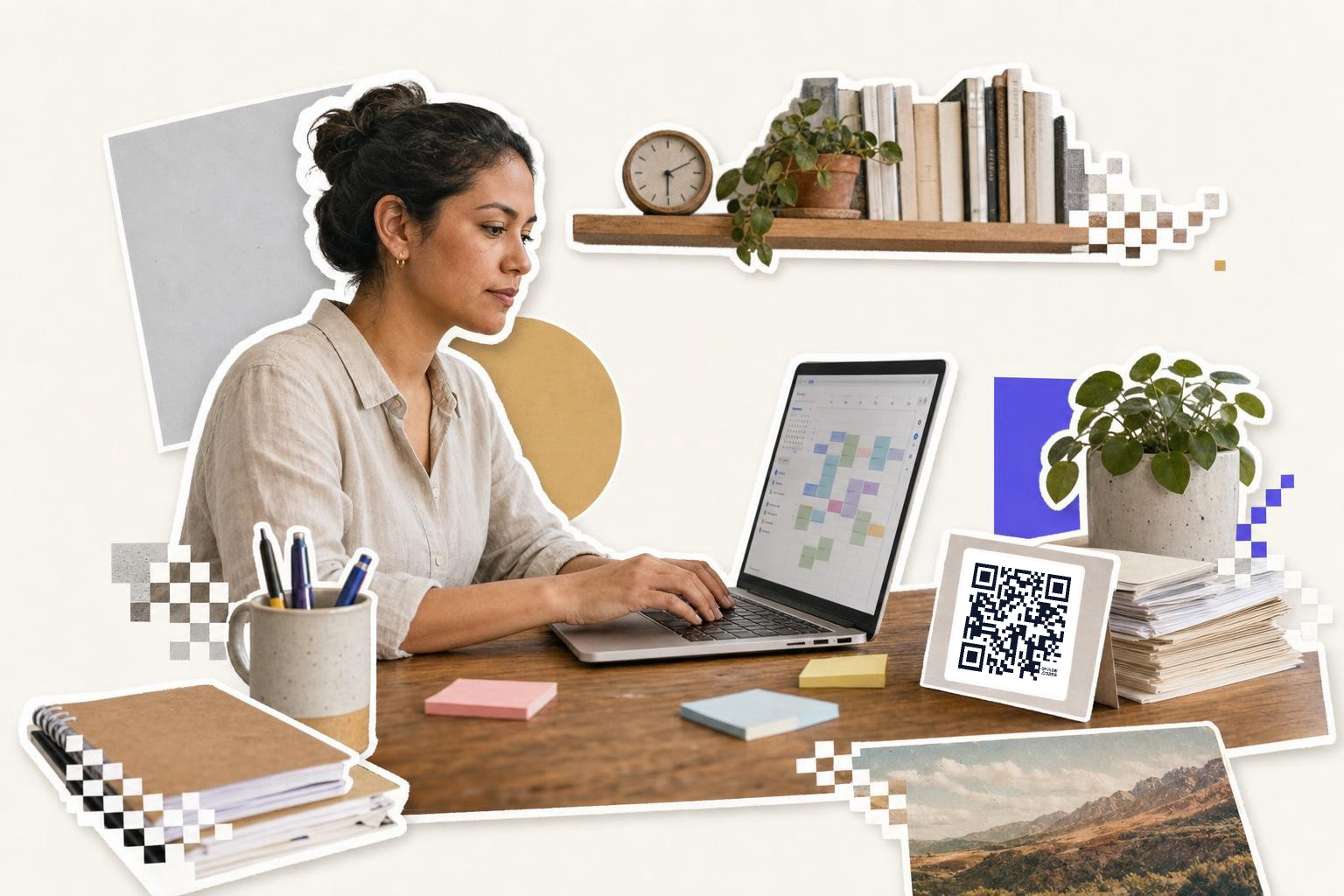 Woman using laptop at desk with QR code card, books, and plants, learning how to share a Google calendar.