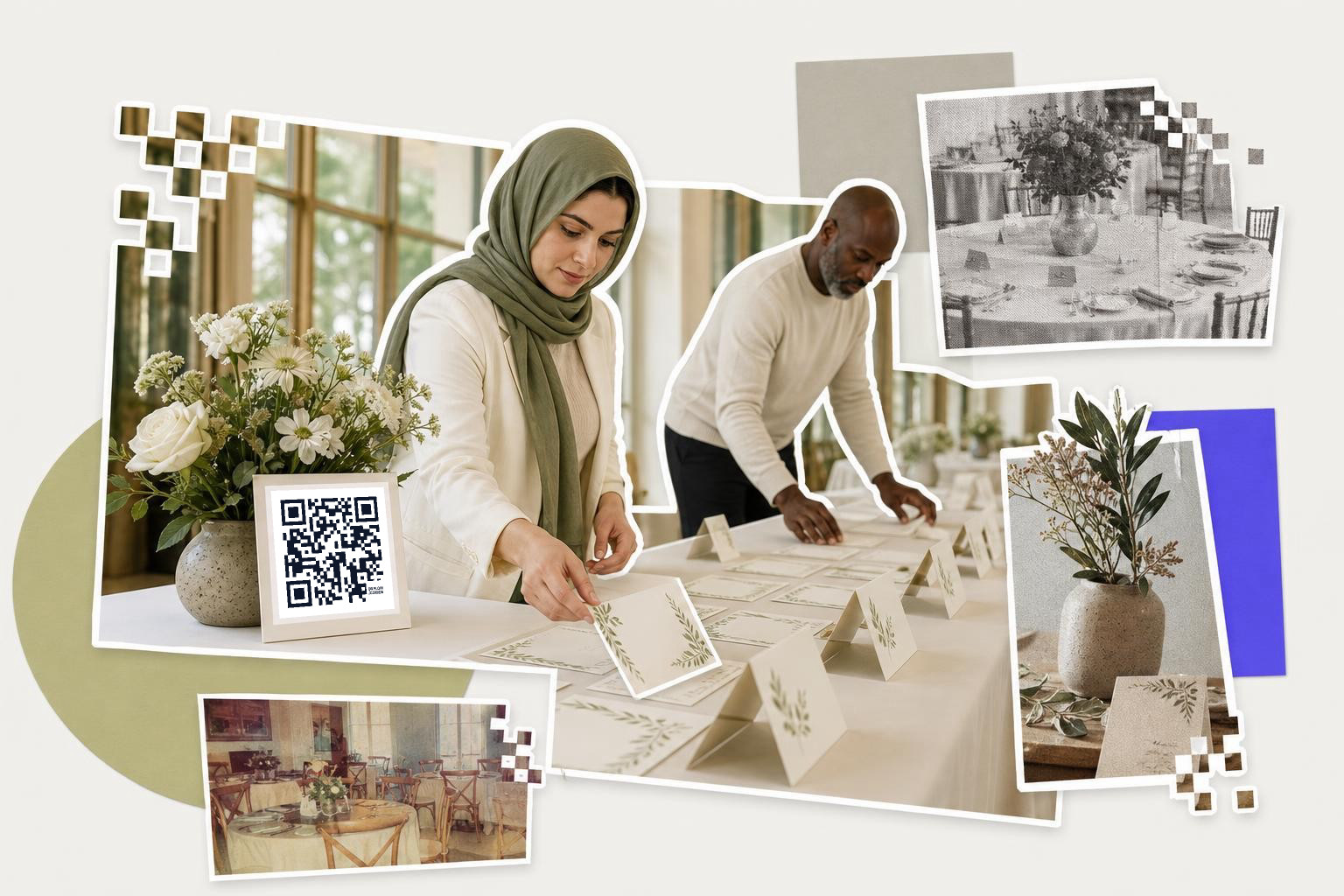Two people arranging table cards with a QR code and floral decorations in a bright room.