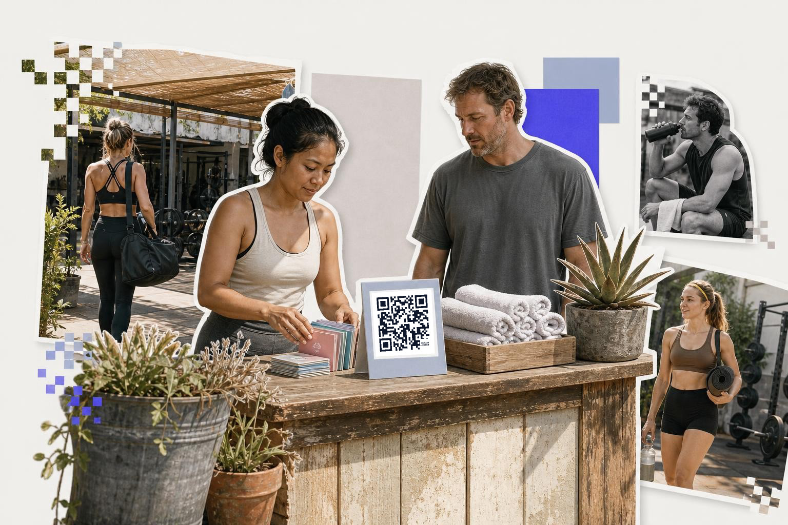 Two people at a counter with a QR code sign, surrounded by gym-related cutouts and plants.