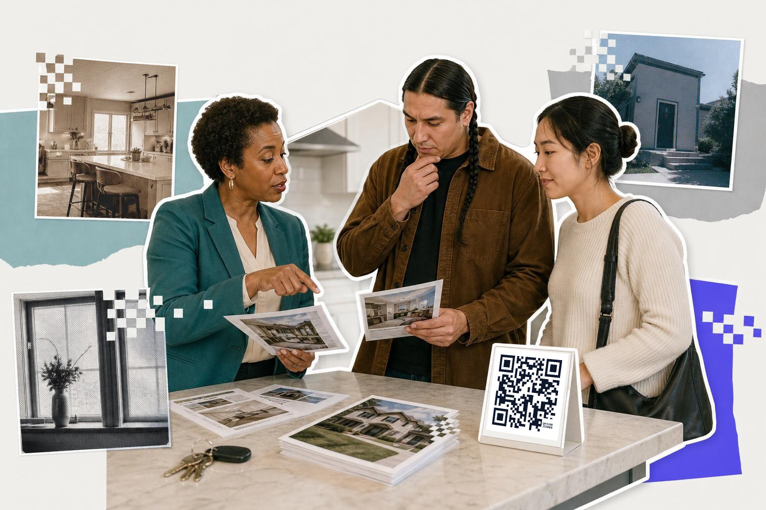 Three people discussing real estate brochures at a table with a QR code sign.