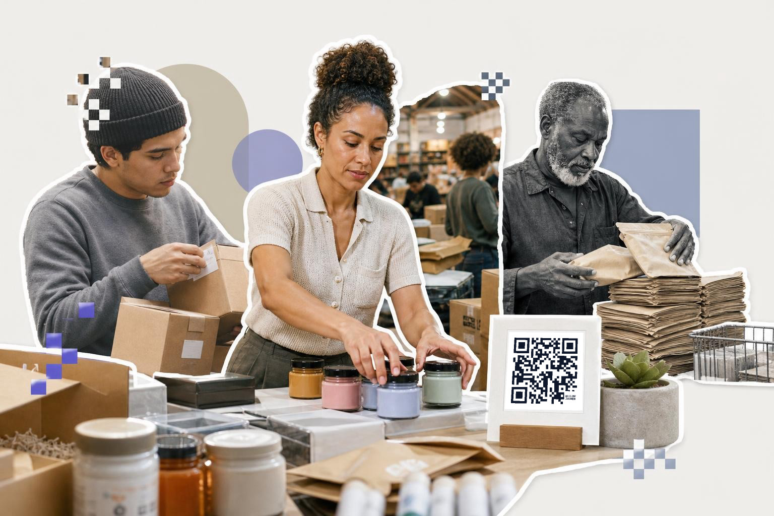 Three people packing boxes and jars in a warehouse with a QR code on a table.