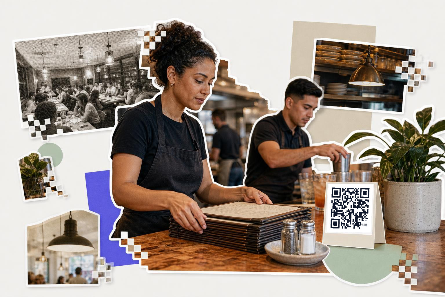 Two restaurant workers at a counter with a QR code card and various photo cut-outs around them.
